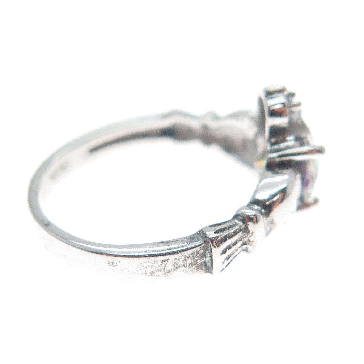 925 Sterling Silver Heart-Cut Mystic Quartz & C Z Irish Claddagh Ring Size 5