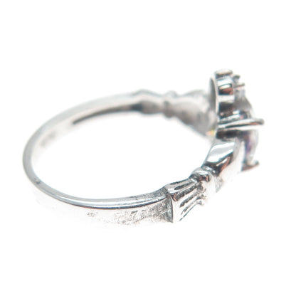 925 Sterling Silver Heart-Cut Mystic Quartz & C Z Irish Claddagh Ring Size 5
