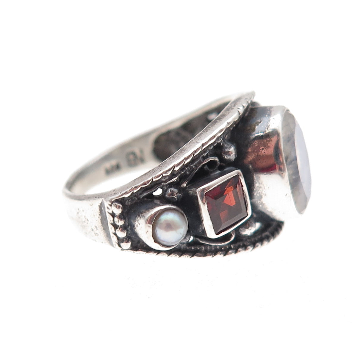 Nicky Butler 925 Sterling Silver Vintage Real Moonstone Garnet Pearl Ring Size 7