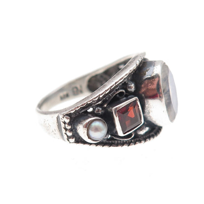 Nicky Butler 925 Sterling Silver Vintage Real Moonstone Garnet Pearl Ring Size 7