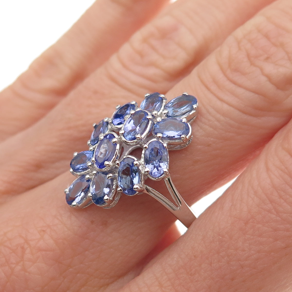 Chuck Clemency 925 Sterling Silver Real Oval-Cut Tanzanite Cluster Ring Size 8