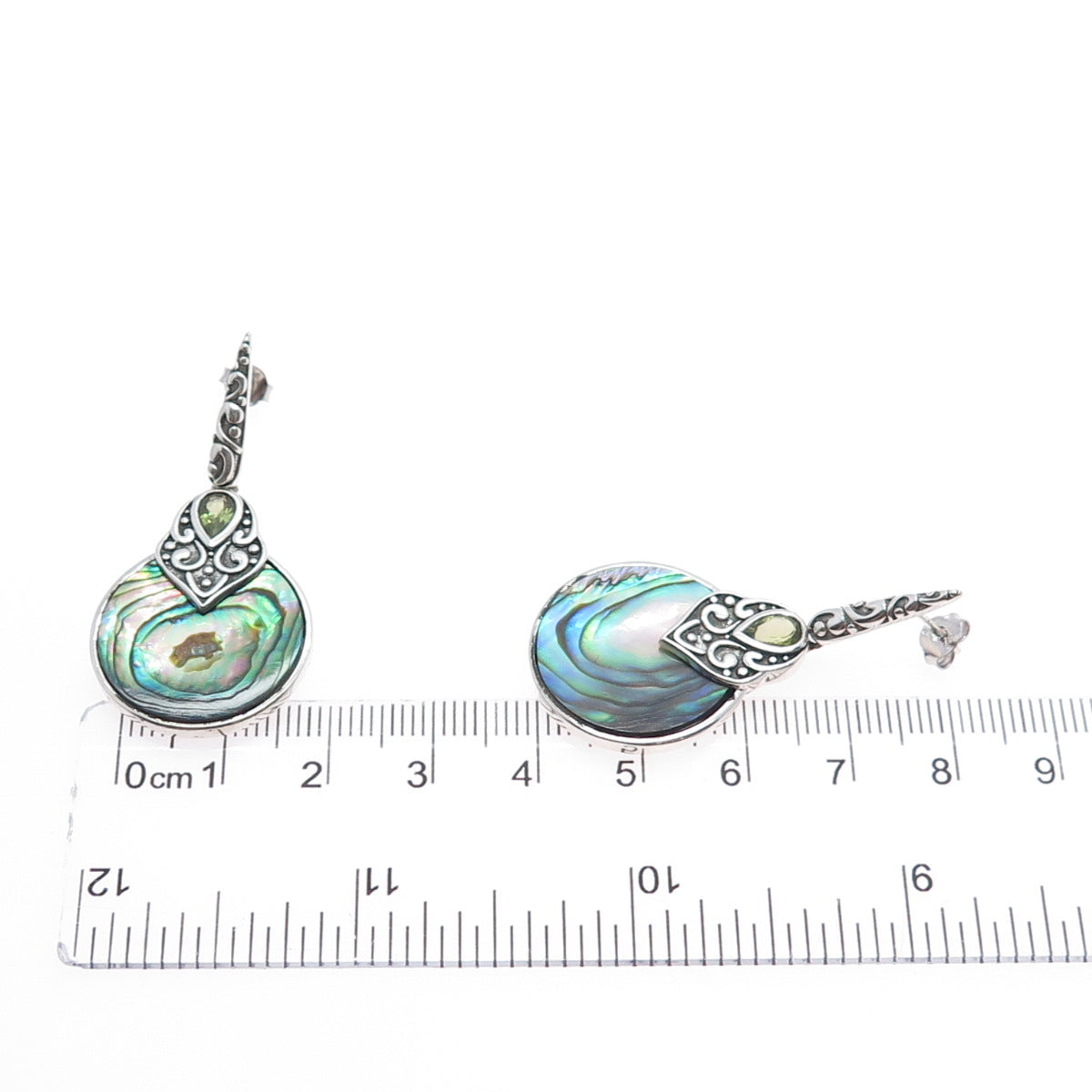 925 Sterling Silver Vintage Real Abalone Shell & Peridot Ornate Dangle Earrings