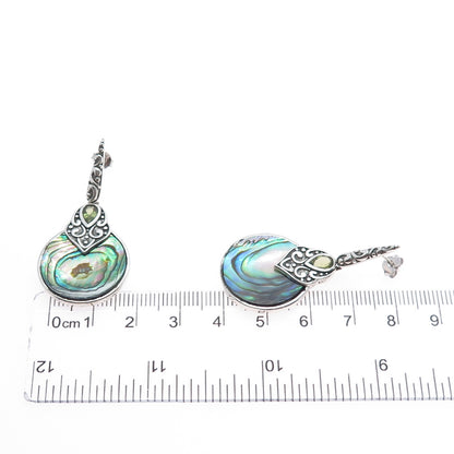 925 Sterling Silver Vintage Real Abalone Shell & Peridot Ornate Dangle Earrings