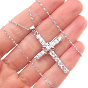 925 Sterling Silver Round-Cut C Z Floral Cross Cable Chain Necklace 18"
