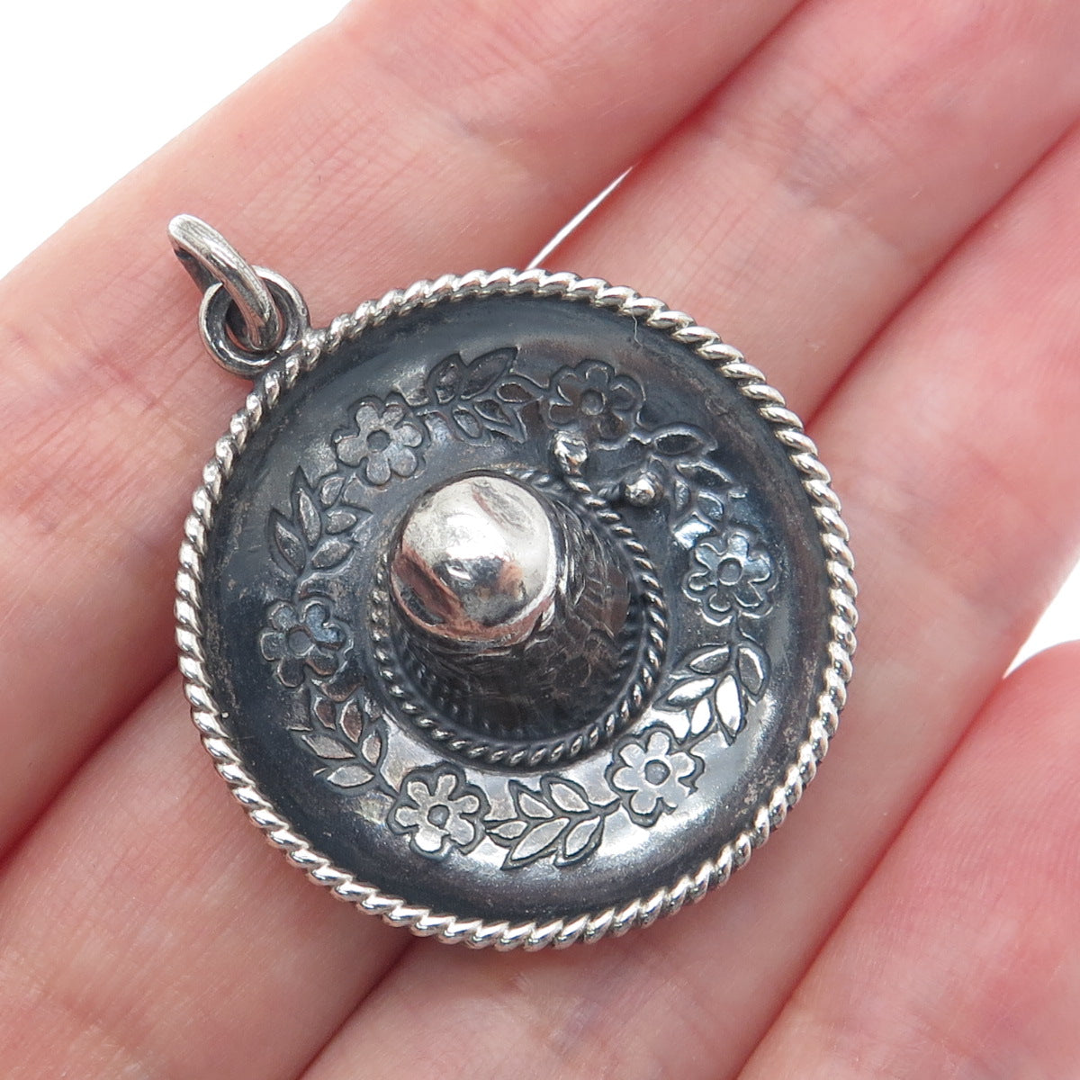 CARTELAN 925 Sterling Silver Vintage Mexico Sombrero Oxidized 3D Charm Pendant