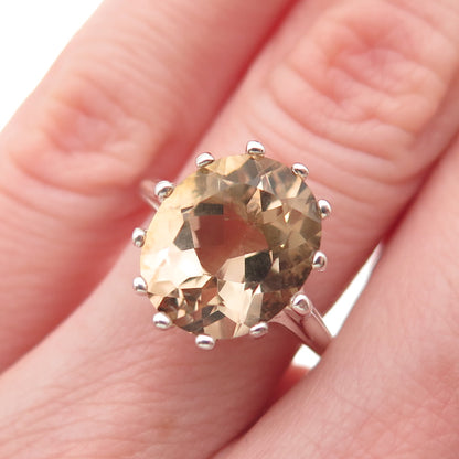 925 Sterling Silver Vintage Real Oval-Cut Smoky Quartz Ring Size 6.25