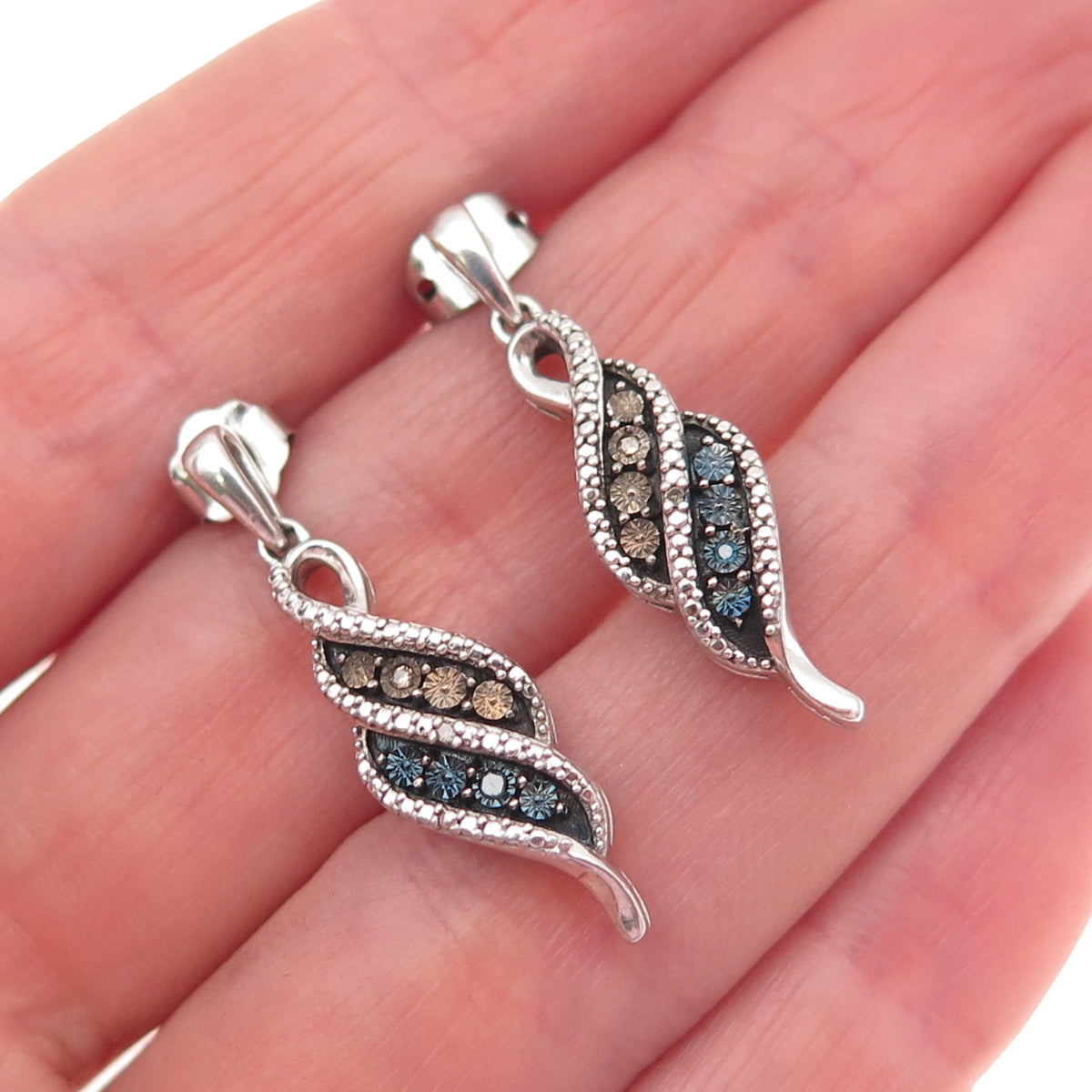 925 Sterling Silver Real Round-Cut Blue & Champagne Diamond Dangle Earrings