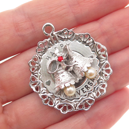 Jeanor Sterling Silver Vintage Real Pearl Coral Happy Anniversary Charm Pendant