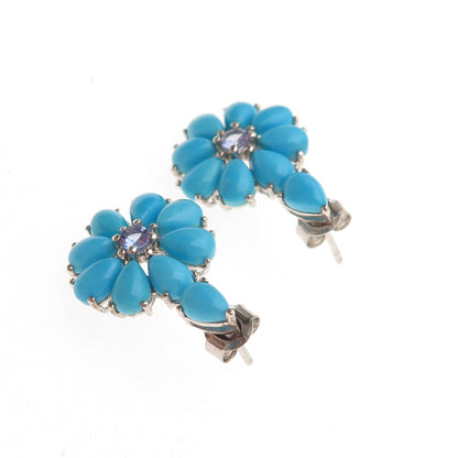 Chuck Clemency 925 Sterling Silver Real Turquoise & Tanzanite Floral Earrings
