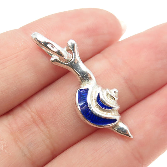 925 Sterling Silver Vintage Italy Blue Enamel Snail Pendant