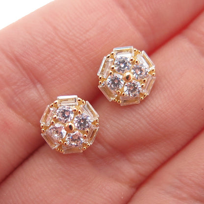 925 Sterling Silver Gold Plated Emerald & Round-Cut C Z Stud Earrings