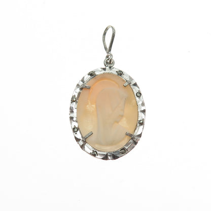 925 Sterling Silver Antique Art Deco Real MOP & Marcasite St. Mary Cameo Pendant