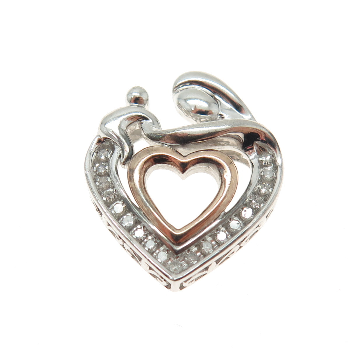 SUN 925 Sterling Silver & 14K Rose Gold Diamond Mom & Child Heart Slide Pendant