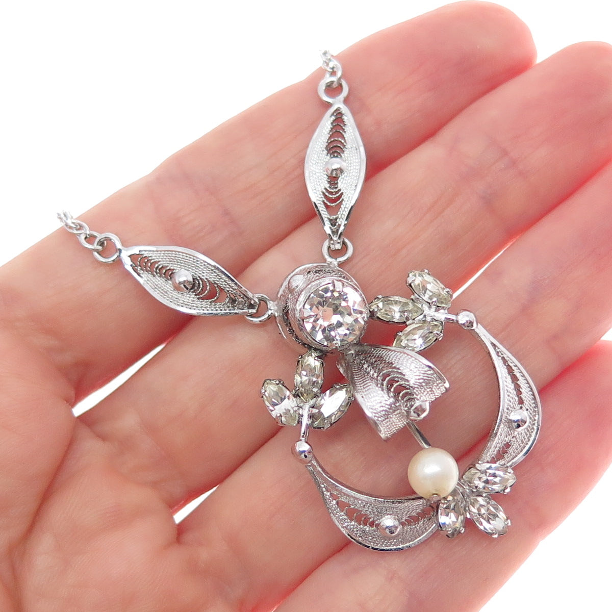 ESPO JOSEPH ESPOSITO Sterling Silver Antique Real Pearl Rhinestone Necklace 16"