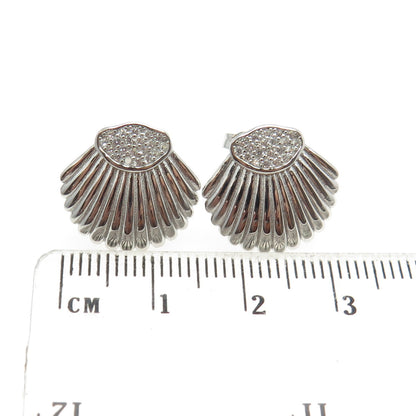 925 Sterling Silver Pave C Z Seashell Stud Earrings