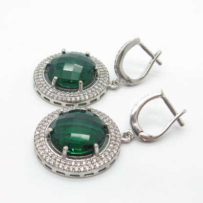 925 Sterling Silver White & Green C Z Dangling Earrings