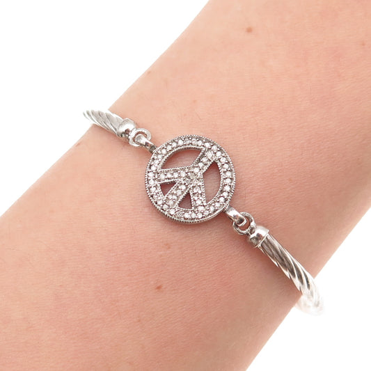 925 Sterling Silver Real Round-Cut Diamond Peace Symbol Bracelet 7"