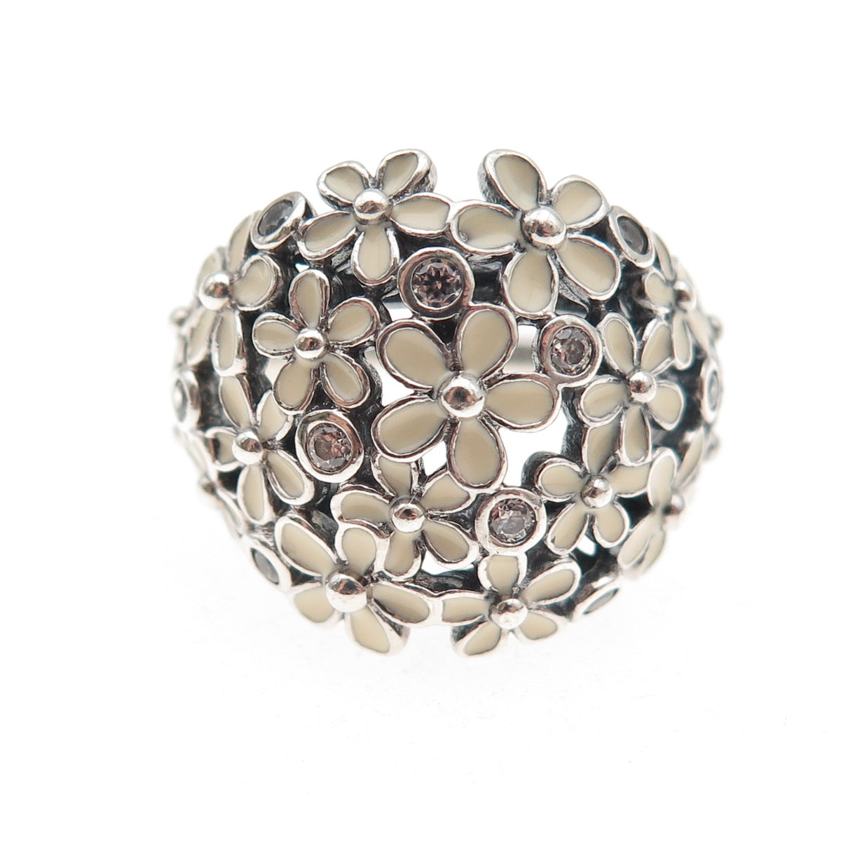 Pandora 925 Sterling Silver Enamel & C Z Darling Daisy Bouquet Ring Size 7
