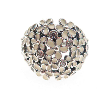 Pandora 925 Sterling Silver Enamel & C Z Darling Daisy Bouquet Ring Size 7