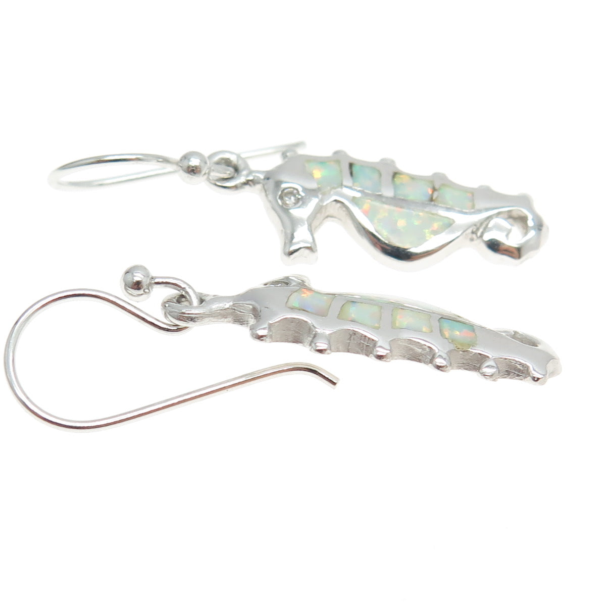 925 Sterling Silver Real Opal & C Z Seahorse Dangling Earrings
