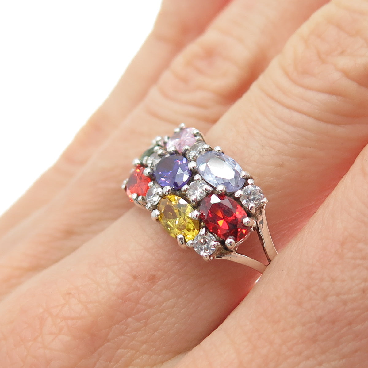 925 Sterling Silver Oval & Round-Cut Multi-Color C Z Cluster Ring Size 9