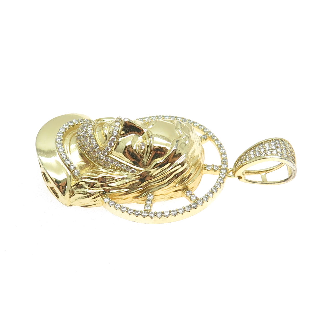 REL 925 Sterling Silver Gold Plated Round-Cut Shaped C Jesus Religious Pendant