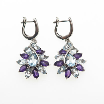 925 Sterling Silver Vintage Real Amethyst & Blue Topaz Dangle Earrings