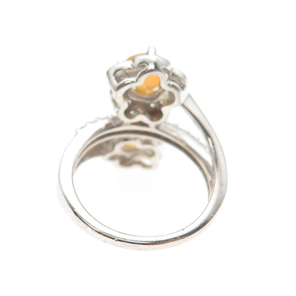 925 Sterling Silver VJL Real Opal & White Topaz Floral Bypass Ring Size 6