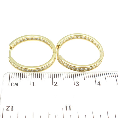 925 Sterling Silver Gold Plated Round-Cut C Z In & Out Hoop Earrings