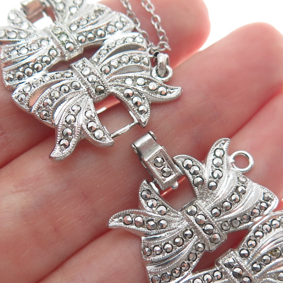 KD Kimler Daniel 925 Sterling Silver Antique Real Marcasite Bow Link Bracelet 7"