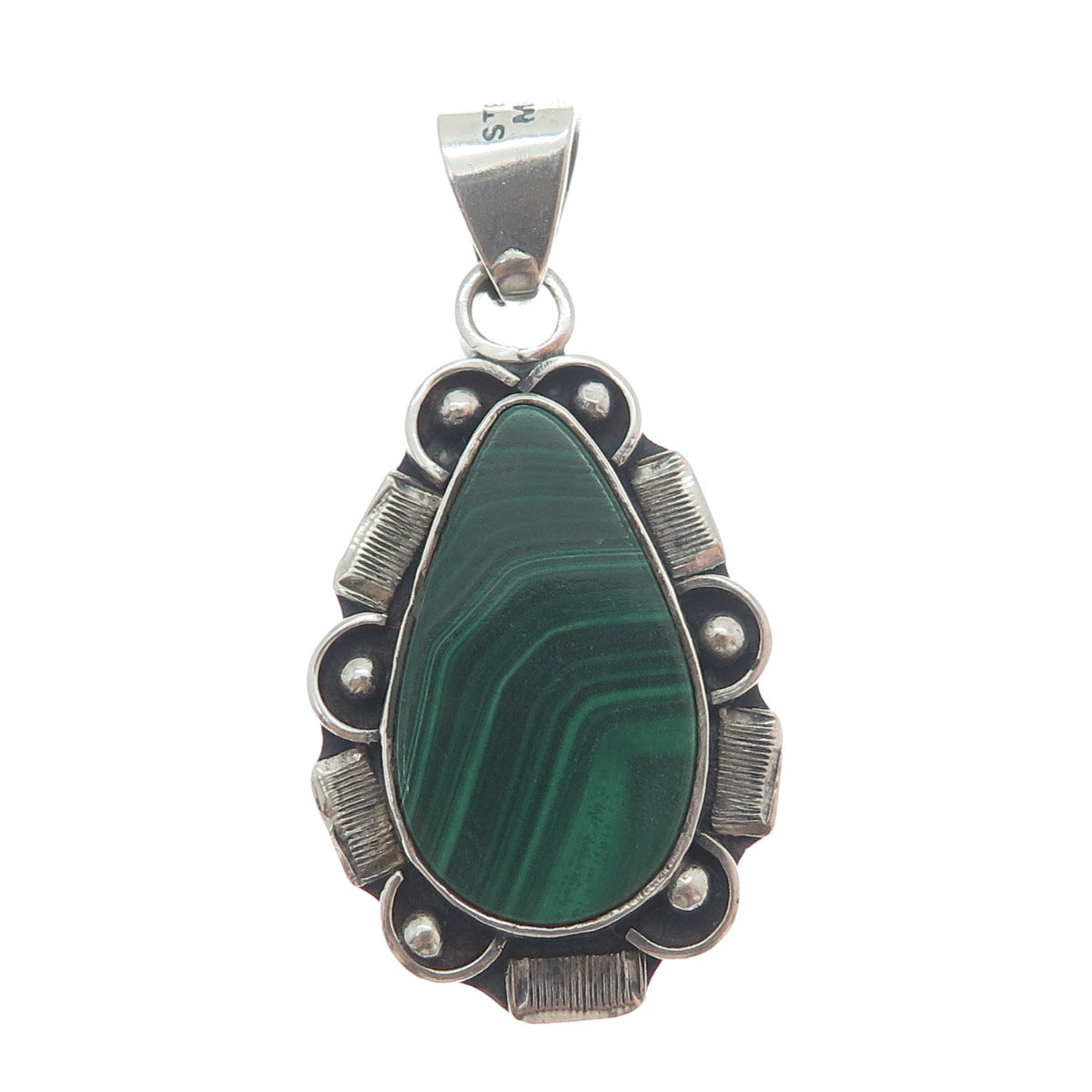 925 Sterling Silver Vintage Mexico Real Malachite Gem Teardrop Oxidized Pendant