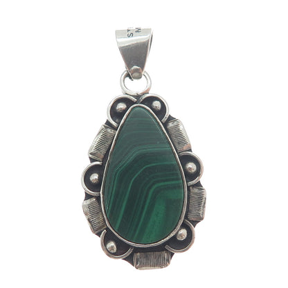 925 Sterling Silver Vintage Mexico Real Malachite Gem Teardrop Oxidized Pendant