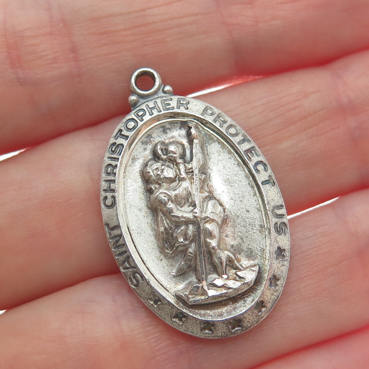 THEDA 925 Sterling Silver Antique Art Deco St. Christopher Religious Pendant