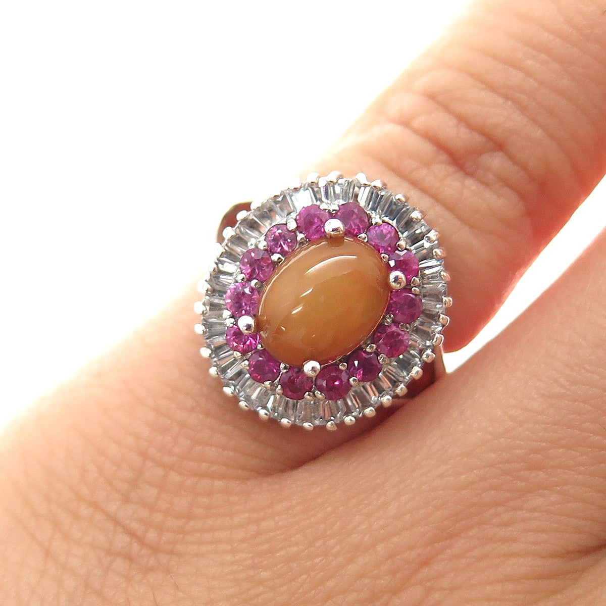 925 Sterling Silver Vintage Real Opal Ruby & White Topaz Ring Size 5