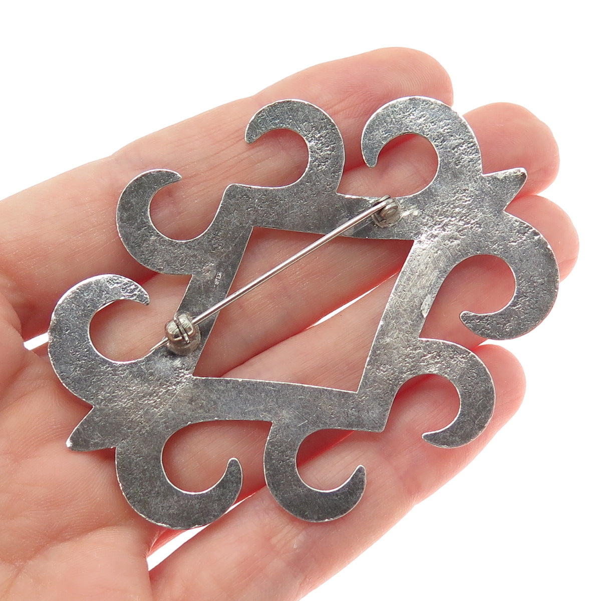 Old Pawn Sterling Silver Vintage Southwestern Ornate Oxidized Tribal Pin Brooch