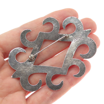 Old Pawn Sterling Silver Vintage Southwestern Ornate Oxidized Tribal Pin Brooch