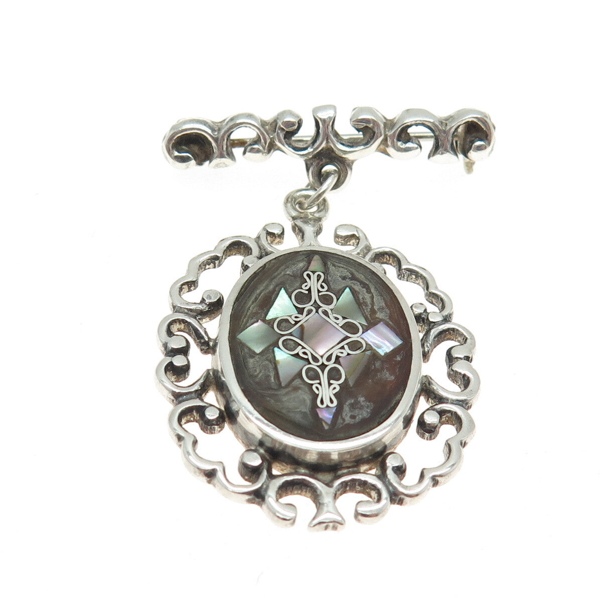 PGG 925 Sterling Silver Vintage Mexico Real Abalone Shell Ornate Pin Brooch