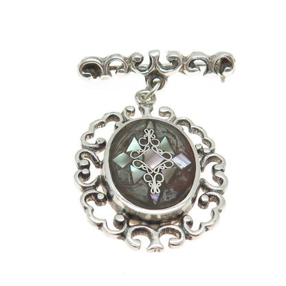 PGG 925 Sterling Silver Vintage Mexico Real Abalone Shell Ornate Pin Brooch