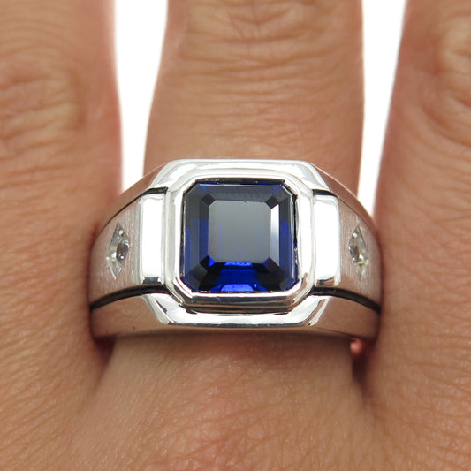 925 Sterling Silver Real White Topaz & Lab-Created Blue Sapphire Ring Size 11.25