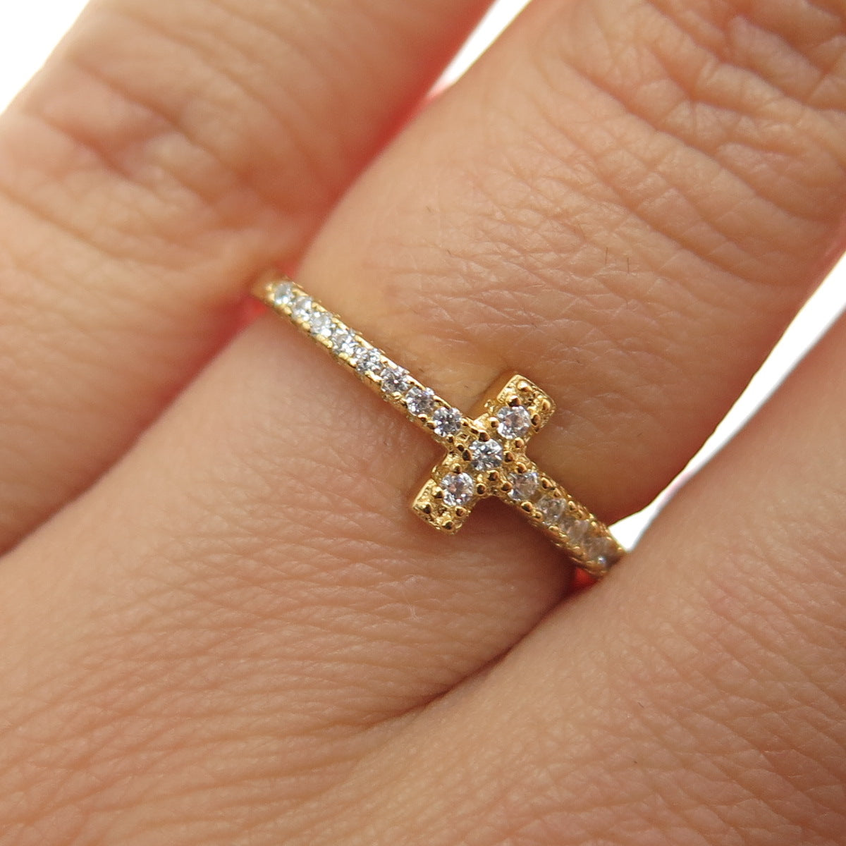 925 Sterling Silver Gold Plated Round-Cut C Z Cross Ring Size 6