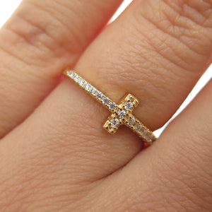925 Sterling Silver Gold Plated Round-Cut C Z Cross Ring Size 6