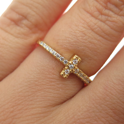 925 Sterling Silver Gold Plated Round-Cut C Z Cross Ring Size 6