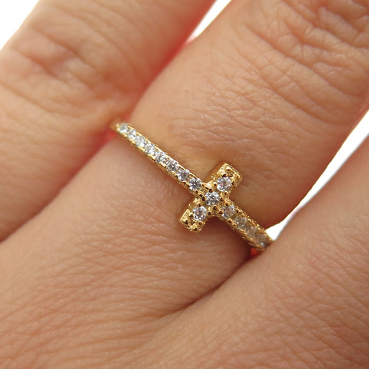925 Sterling Silver Gold Plated Round-Cut C Z Cross Ring Size 6