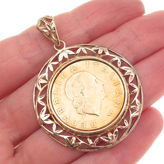 ITAOR Sterling Silver Gold Plated Vintage Italy 200 Lire Bronzital Coin Pendant