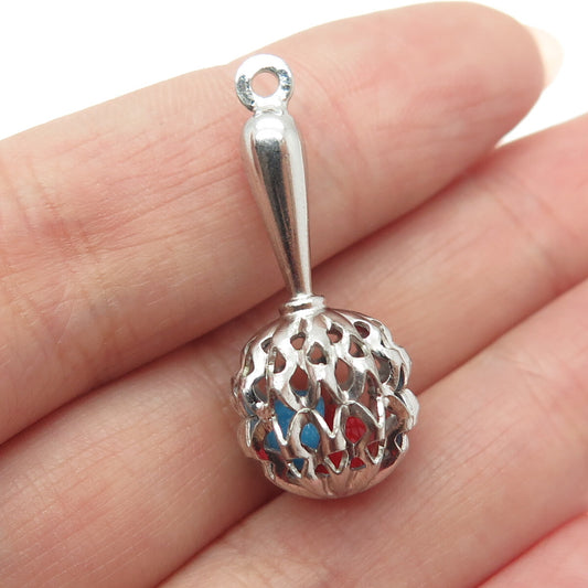 925 Sterling Silver Antique Art Deco Red & Blue Glass Baby Rattle Pendant