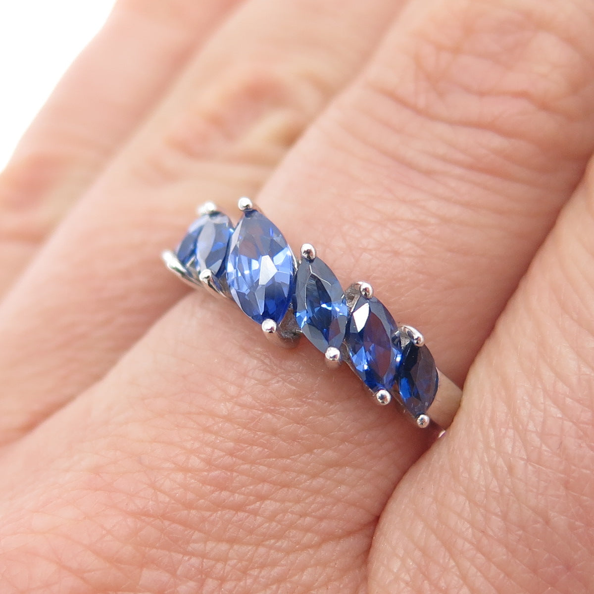 925 Sterling Silver Marquise-Cut Blue C Z Ring Size 7.25