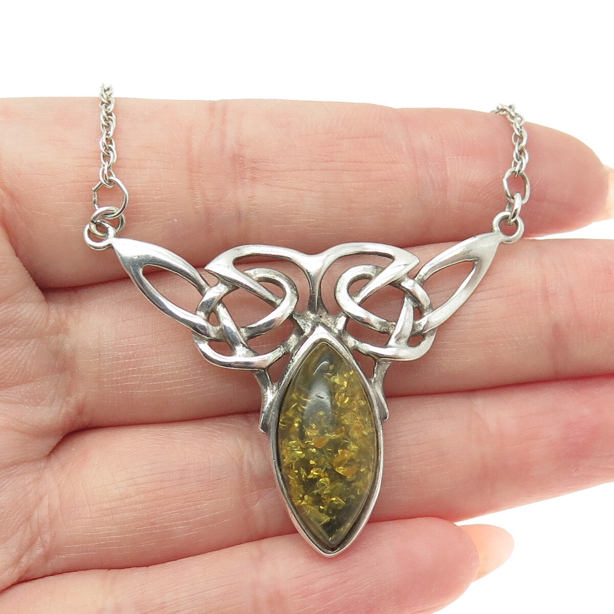 VALERIO V8 925 Sterling Silver Vintage Poland Amber Celtic Knot Necklace 17"