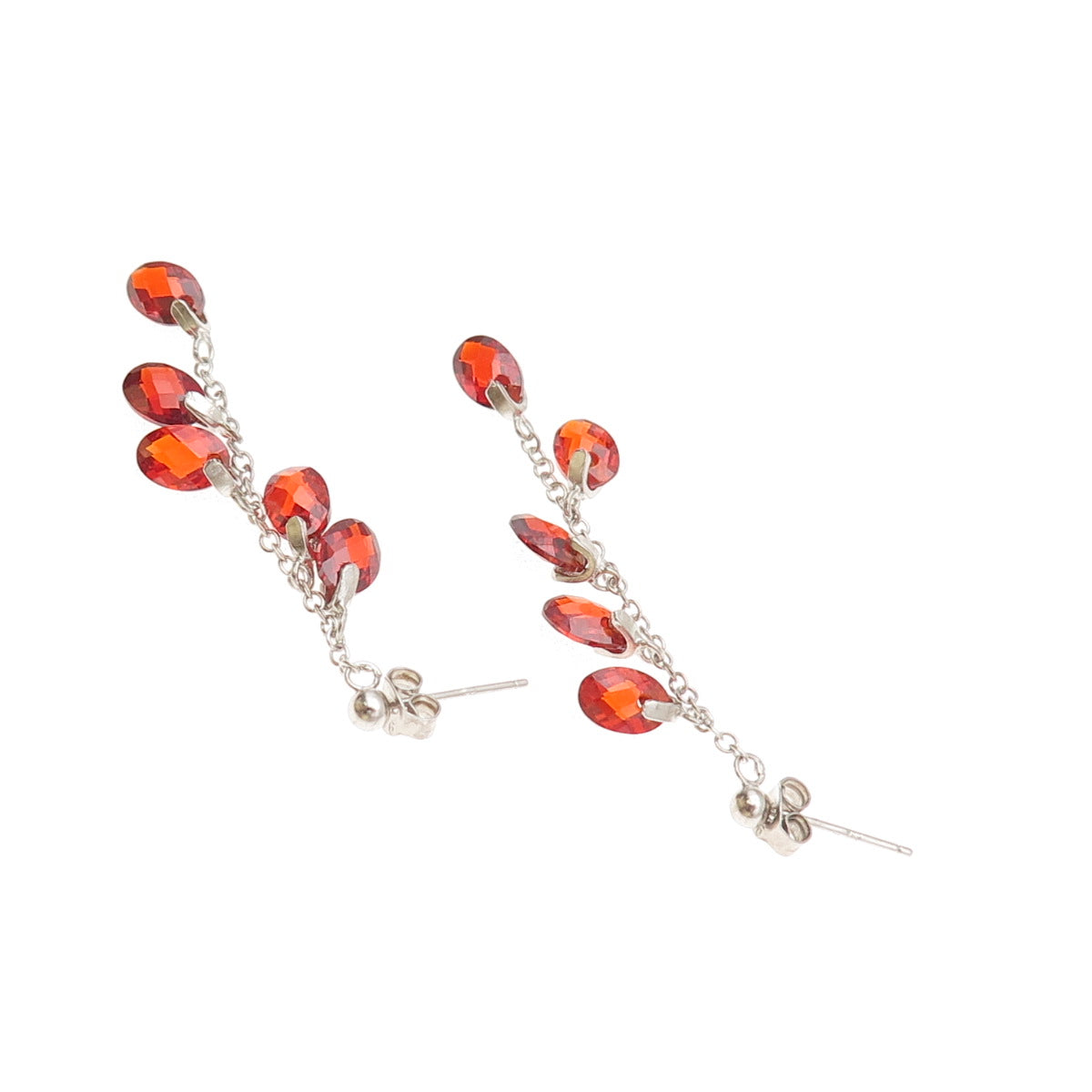 925 Sterling Silver Oval-Cut Red C Z Beads Dangle Chain Earrings