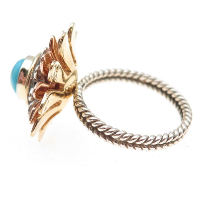 925 Sterling Silver 3-Tone Real Sleeping Beauty Turquoise Floral Ring Size 8
