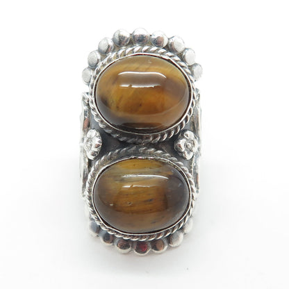 925 Sterling Silver Vintage Real Tiger Eye Kali Statement Oxidized Ring Size 6.5